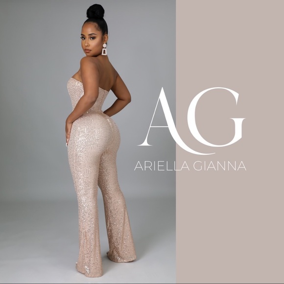 Champagne Glitter Flare Legged Jumpsuit - Picture 3 of 4